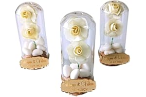 Set of 10 Glass Dome Wedding Favor Bottles with Cork, White Sugared Almonds and Paper Flowers, Rustic Personalized Keepsake f