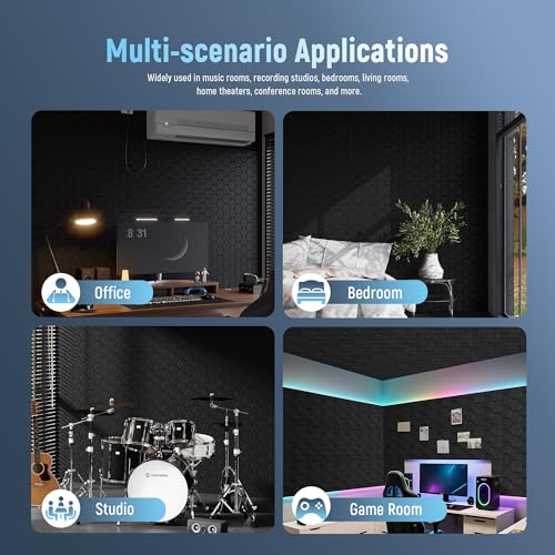 Sound Proofing Panels with Acoustic Foam - Acoustic Wall Panels Self Adhesive for Soundproofing- Black Hexagon Sound Proof Noise Cancelling - Sound Absorbing Panels for Gaming Room Studio 12 Pack