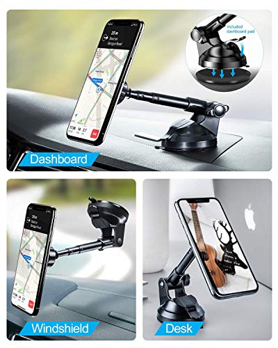 SALEX Magnetic Phone Holder. Universal Car Mount for Dashboard and Windshield. 360° Rotation with 6 Strong Magnets, Suction Cup, Dash Pad, Metal Telescopic Arm for Phones, GPS up to 7 Inches [Silver] - Thumbnail 5