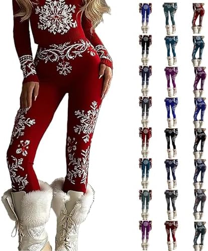 Christmas Snowflake Leggings for Women UK Plus Size Soft Warm Knitted Yoga Pants High Waisted Stretchy Retro Boho Xmas Tights Slimming Knit Bottoms Skinny Trousers, #A03-Red, L