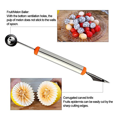 Fruit Slicer Peeler Set of 5 - Stainless Watermelon Slicer, Pineapple Corer, Avocado Slicer, Carving Knife and Melon Baller Scoop, Strawberry Huller, Kitchen Tools Gadgets Fruit Cutter by Hapree