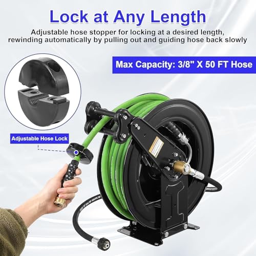 Pressure Washer Hose Reel Auto Shrink Hose Reel Heavy Duty Steel Pressure Washer Hose 20m Double Arm Reel 4000PSI