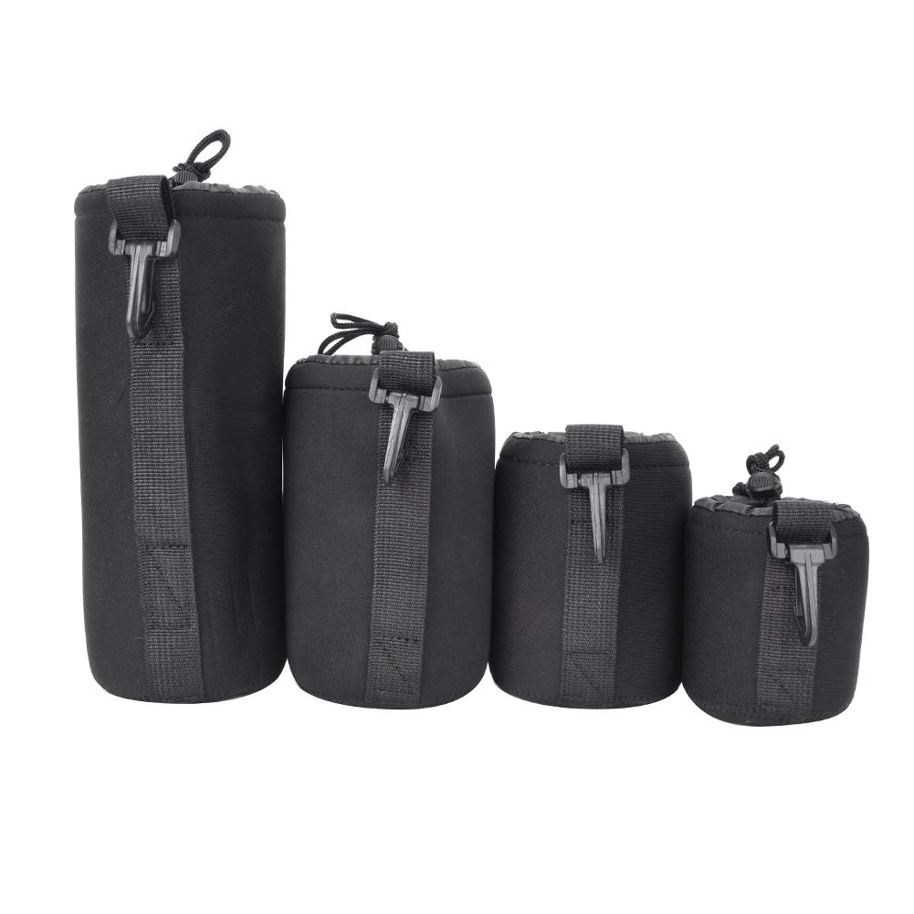 Thick Protective Pouch Set For DSLR Camera Lens, 4PCS Neoprene Small,Medium, Large,Extra Large Soft Plush Lens Bags Wrap Water Resistant Protector Case Black Inside With Deluxe Wrap Storage Bag