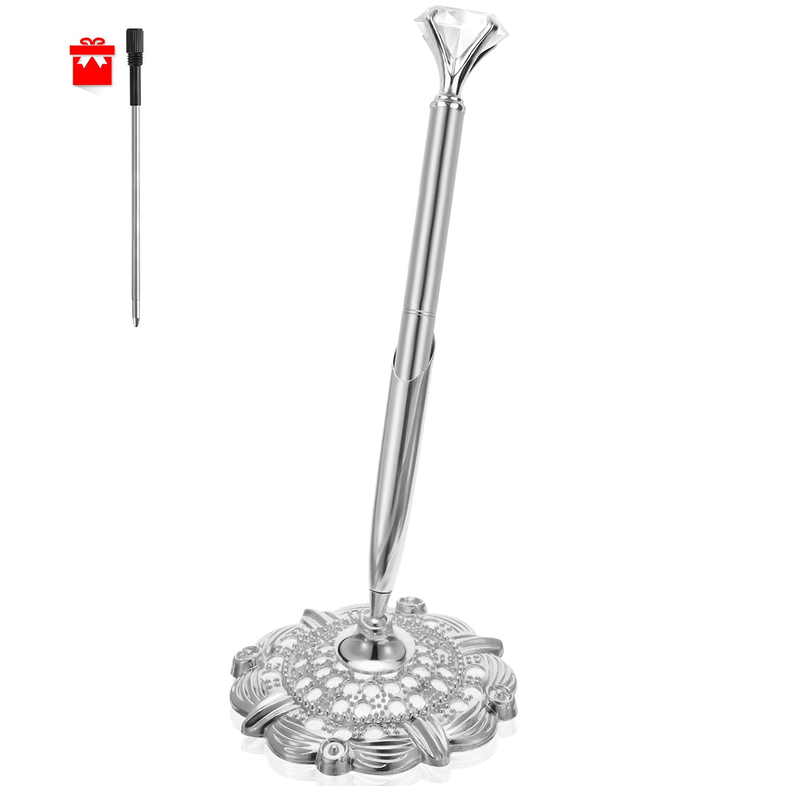 Photo 1 of RUTICH Hollow Round Pen Holder Signing Pen Set with Big Diamond Crystal Pen for Wedding Bridal Opening Ceremony Graduation Office, Silver(Black Ink)