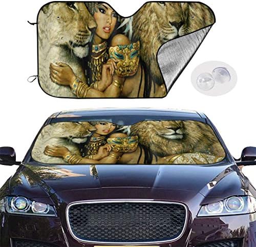QBahoe African Woman Egypt Queen and Lion Car Sun Shade Windshield Sunshade Universal Fit Block Sun Glare UV and Heat Protect Car Interior