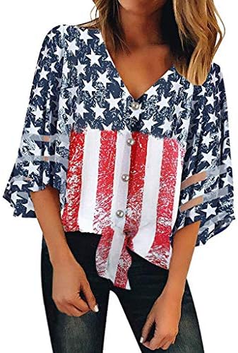 Fiaya 4th of July Women Clothes Blouse American Flag Patriotic Button Off Shoulder Short Sleeve T-Shirt Tank Tops (M, Red Button)
