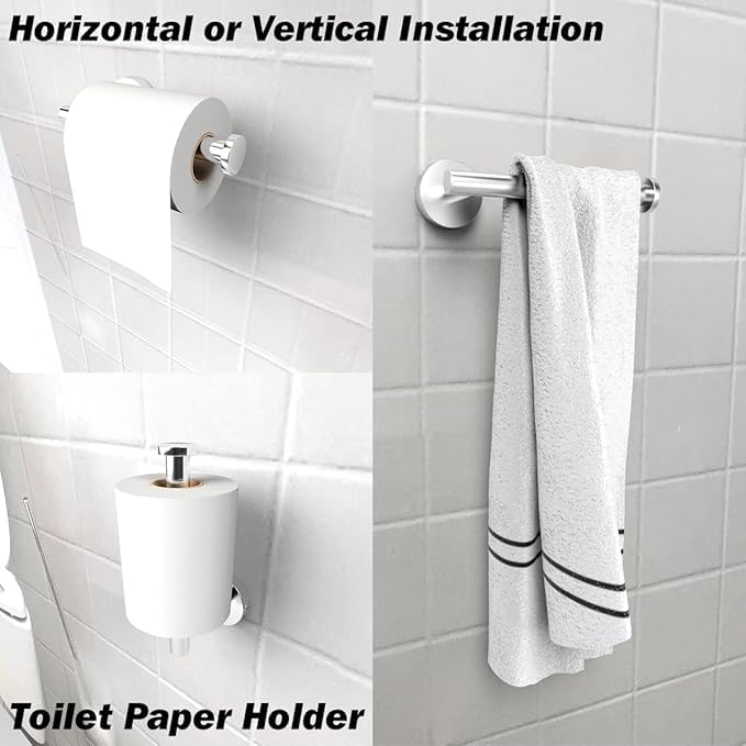 NEWKIBOU Juego de Accesorios de Baño de 2 Piezas Toalleros de Baño de 304 Acero Inoxidable y Soporte de Papel Higiénico Anillo para Toallas de Mano Soporte para Baño y Cocina (Plata)