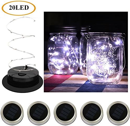 Hongwei White Solar Mason Jar Lid Lights 5Pack 20 Led String Fairy Star Firefly Jar Lids Lights for Mason Jar Decor Christmas Halloween Party Wedding Deck Garden Decorative Lighting(Jars Not Included)