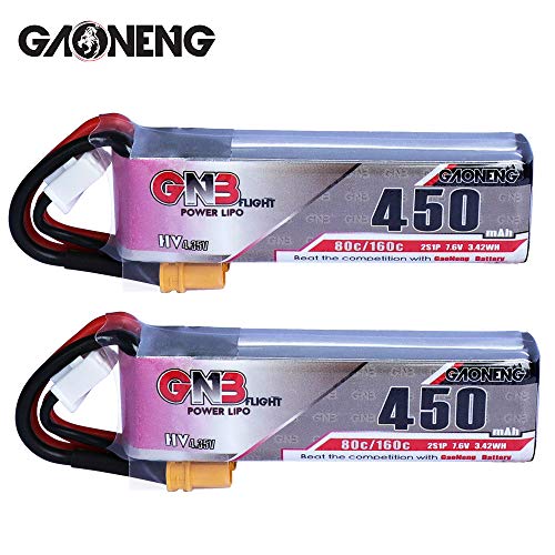 GaoNeng GNB 2S LiPo Battery 450mAh HV 7.6V 80C XT30 Connector， 2Packs 2S LiPo Battery for FPV 2S Whoops Mini Aircraft Tiny Hawk Drones