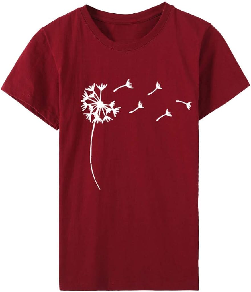Women's TShirt with Dandelion Print Short Sleeve Crew Neck Top Elegant