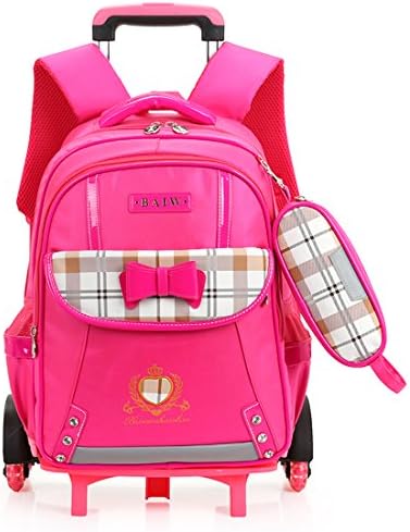 HIGOGOGO 2 Wheels Rose Red Rolling Backpack Plaid Wheeled Travel Bag School Trolley Bags Bow For Girls (2 Wheels, Rose red)