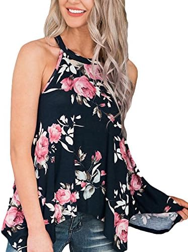 INWECH Women Casual Floral Print Tank Tops Sleeveless High Neck T Shirt Blouse Tops with Irregular Hem