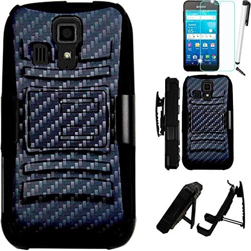 For Kyocera Hydro Vibe C6725 Armor Hybrid Case Silicone Cover Kick Stand LuxGuard Holster+[WORLD ACC LCD Screen Protector+Stylus+Dust Cap (Carbon Fiber/Black)