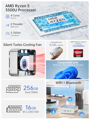 GMKtec AMD Ryzen 5W11 Pro 3500U Mini PC (Performance Over 4300U/N150/N100/N95 4C/8T 4.50GHz), G10 Mini Computer, 16GB DDR4 RAM + 512GB PCIe 3.0x4 SSD, WiFi 5, USB 3.2, USB-C, BT 5.0