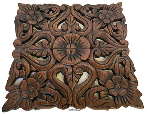Set of 3 Carved Wood Wall Plaques. Floral Wood Wall Hanging. Rustic Wood Wall Decor. Brown. Size 12" Square