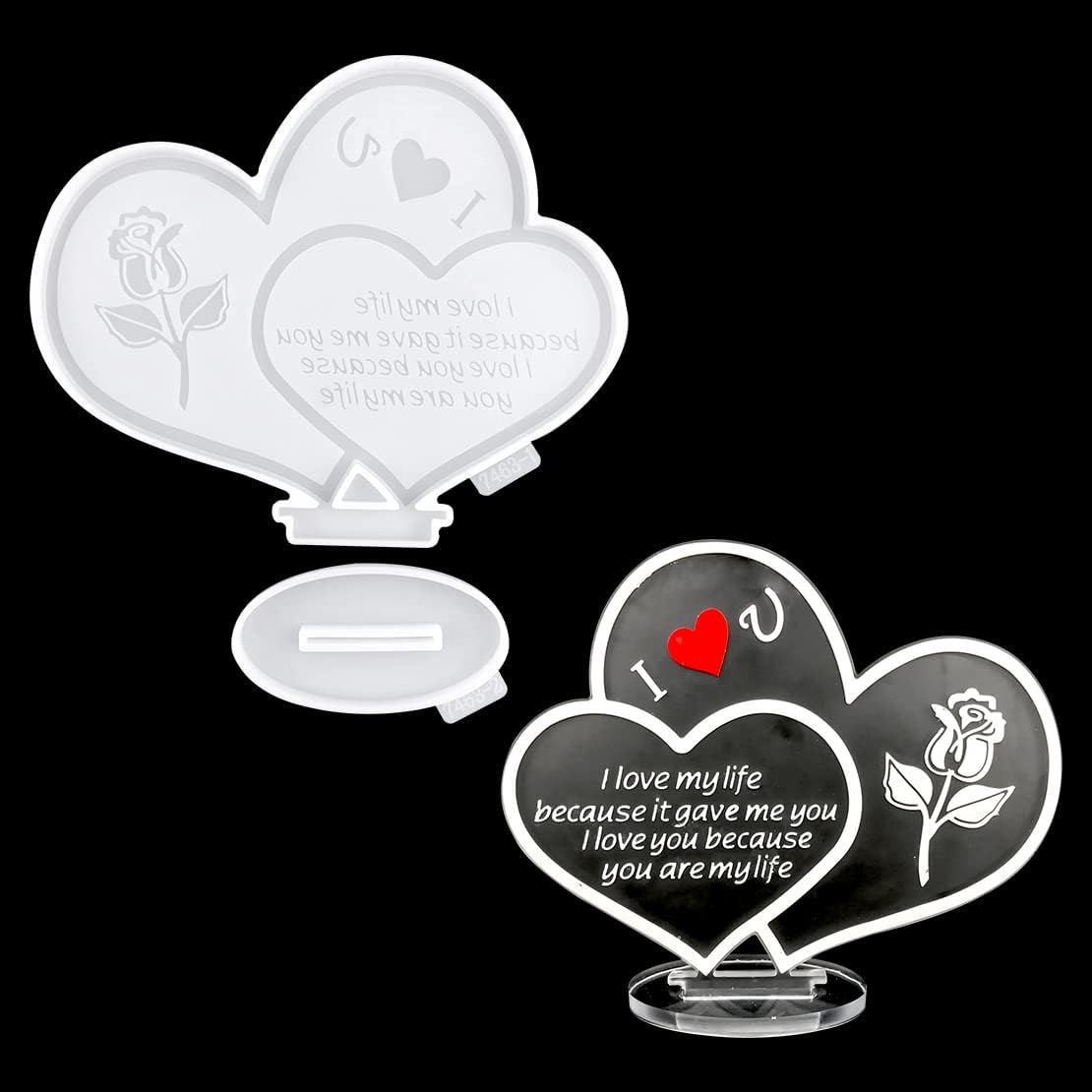 DeryArcle 1 Set Love Heart Sign Resin Moulds, Valentine's Day Memorial Silicone Mould, Ornament Epoxy Resin Molds Display Stand Casting Mold for Home Wedding Table Desktop Decorations Gift Craft