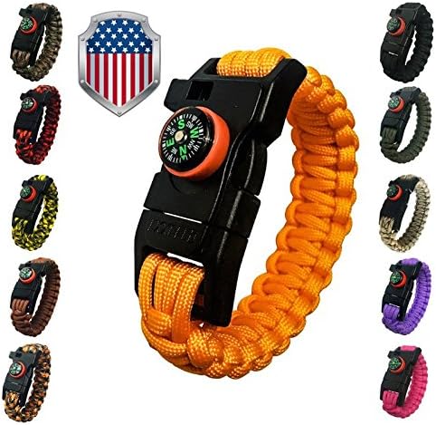 550 Paracord Survival Bracelet Kit 5-in-1 Hunting Gear with Emergency Knife, Compass, Fire Starter, Flint and Whistle by Exxceed, Orange, Medium