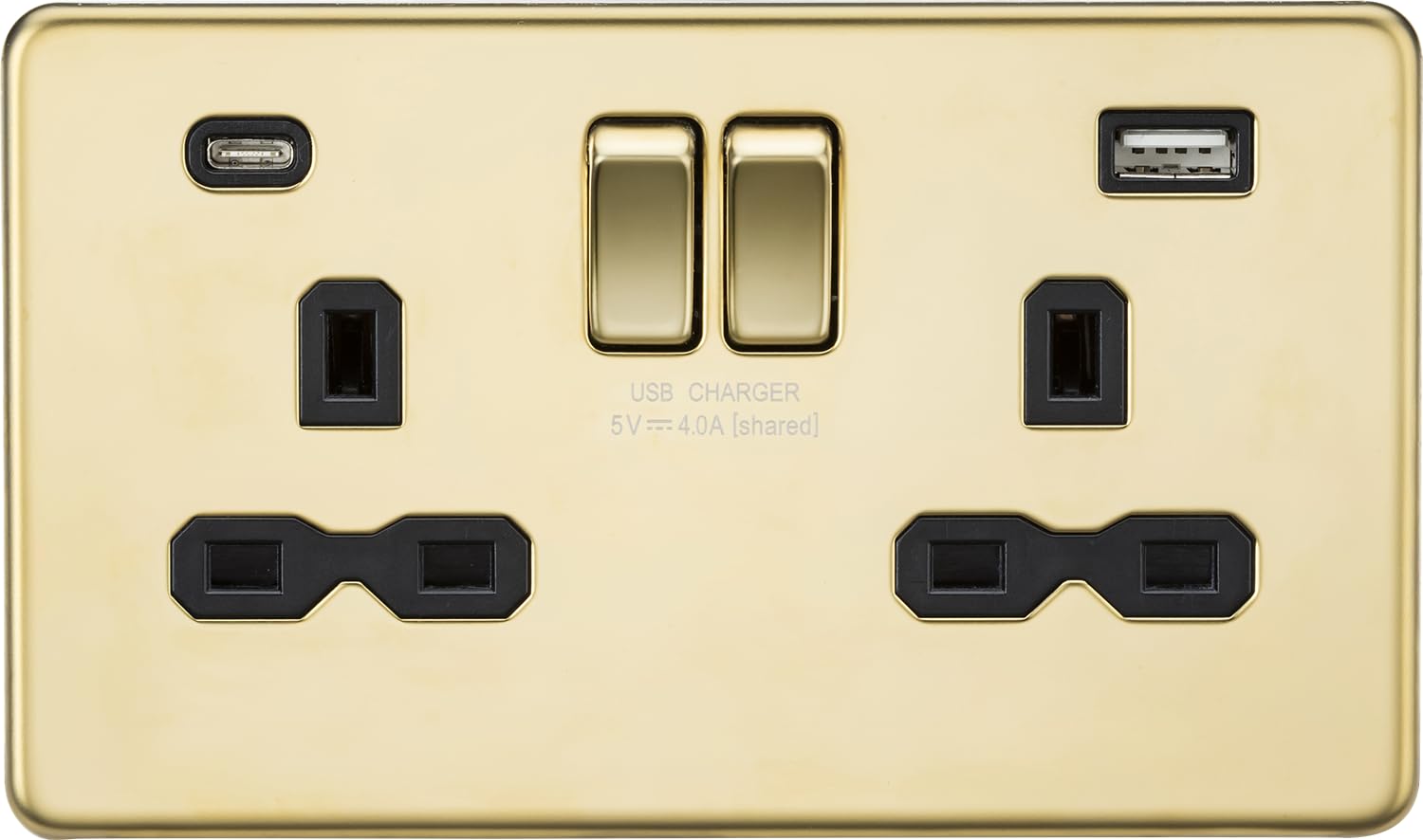 13A 2G SP Switched Socket with Dual USB A+C (5V DC 4.0A shared) - Polished Brass with Black Insert