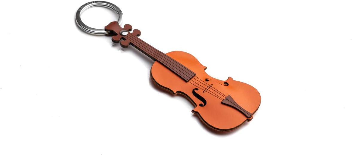 Dallaiti Design Pigmented Leather and Waxed Wire Violin Keyring with Metal Ring, 14 cm, Brown