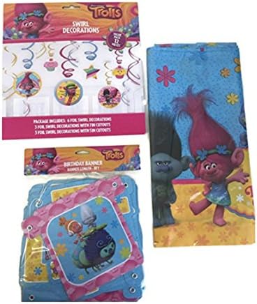 Trolls Party Banner, Tablecloth &amp; Decorations Bundle 3 Piece