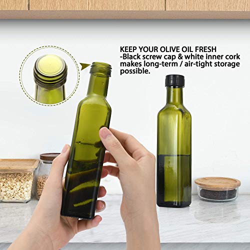 Gusnilo Glass Olive Oil Bottle - 250ml Second Generation Green Oil & Vinegar Cruet with Pourers and Funnel - Olive Oil Carafe Decanter for Kitchen-(8.5 Oz Ounce)