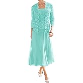 Mother of The Bride Dresses for Wedding Tea Length Lace Chiffon Formal Dress 2 Piece Grandmother Dresses with Jackets