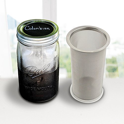 Cold Brew Coffee Maker by The Cold Brew Company for Iced Coffee and Tea– Stainless Steel Filter – Wide Mouth Mason Jar – Chalk Board Labels