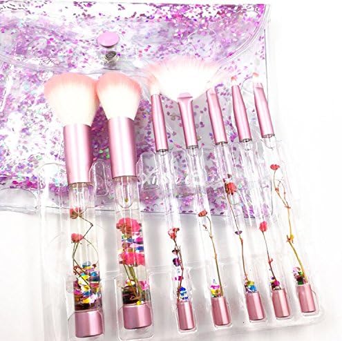 LyvNStyle NEW 7pc Rose Series Transparent Acrylic Crystal Handle Nylon Hair Makeup Brush Tool Set with Glitter Pouch