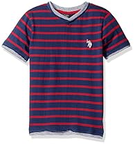 U.S. Polo Assn. Little Boys' Short Sleeve Striped V-Neck T-Shirt, Engine Red, 2T
