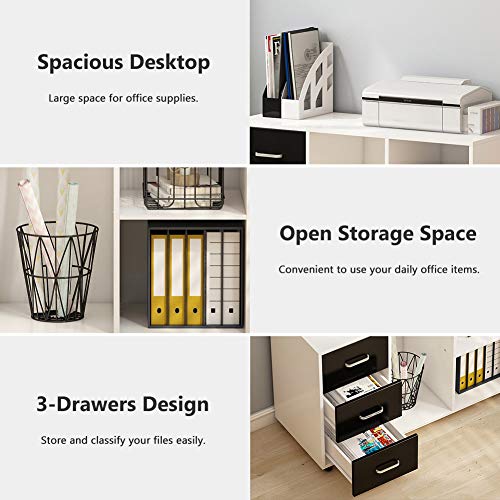 Tribesigns 3 Drawer Wood File Cabinets, Large Modern Lateral Mobile Filing Cabinets Printer Stand with Wheels, Open Storage Shelves for Home Office Study Bedroom (White)