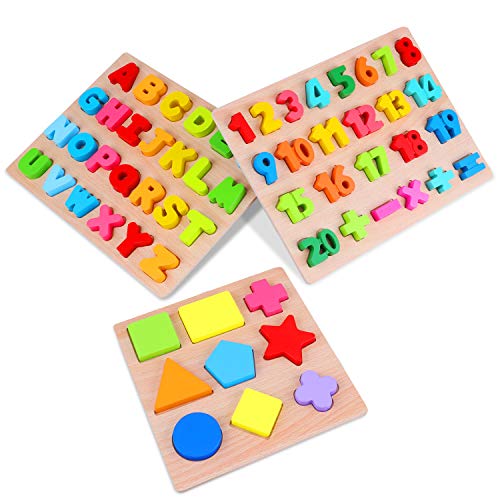 AiTuiTui Alphabet Puzzle Board Numbers Shapes 3 Sets Wooden Blocks for Toddlers, Colorful ABC Wooden Letters 1-20 Numbers Shapes Early Learning Toys for Kids Age 3 4 5 6