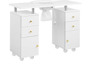 Hicomony Nail Desk for Nail Tech,Manicure Table for Technician, 21MM Thick Nail Table w/Electric Dust Collector,Lockable Wheels,Storage Drawers, Golden Handles,Mesa de Uñas Profesional,White