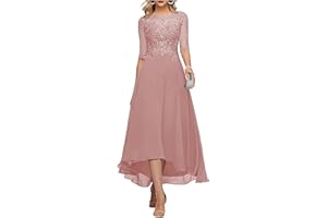 FNKSCRAFT Lace Appliques Mother of The Bride Dress 3/4 Sleeves A line Tea Length Chiffon Formal Wedding Party Prom Gowns for Women