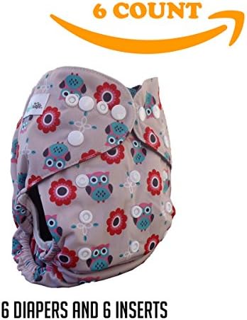 Baby Pocket Cloth Diapers + 5 Layer Bamboo Inserts in One Size Set by Angelicware (Owl 6 Pack) + eBook