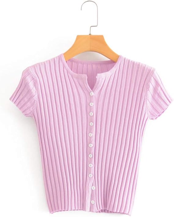 Amazon カジュアル4色ニットトップス女性の夏のoネックtシャツシックなシングルブレストスリムニットカーディガン Tシャツ カットソー 通販