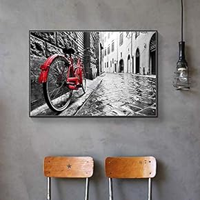 Framed Canvas Wall Art for Living Room, Bedroom Red Bicycle on a Street Canvas Prints for Home Decoration Ready to Hang - 16x24 inches