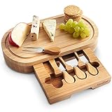 VonShef Oval Slide Out Bamboo Cheese Board and 4 Piece Knife Set, 14 x 8 inches approx