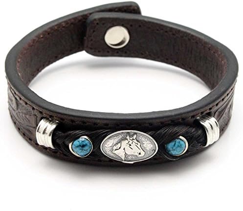 Hand Tooled Western Leather Bracelet Featuring Horse Hair &amp; Metal Concho (8)