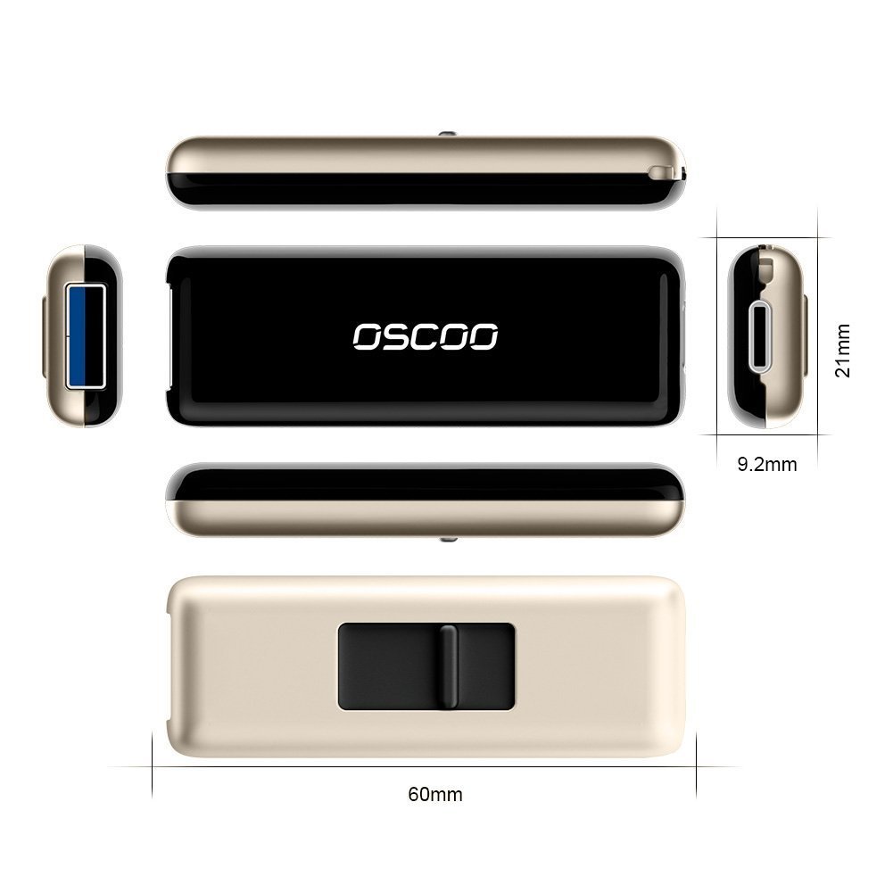 oscoo Dual USB flash drive per Type-C 3.1 + USB 3.0 (Oro e Nero) 64 Gb