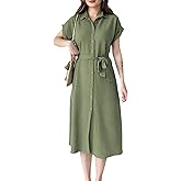 Women's Short Sleeve Button Down Shirt Dress Casual Loose Belted Summer Midi Dress