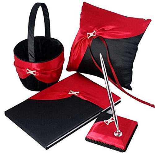 Wedding Ceremony Party Favors Set/Wedding Guest Book/Pen Set/Flower Basket/Ring Pillow Wedding Bridal Decoration Supplies - Black & Red - Thumbnail 2
