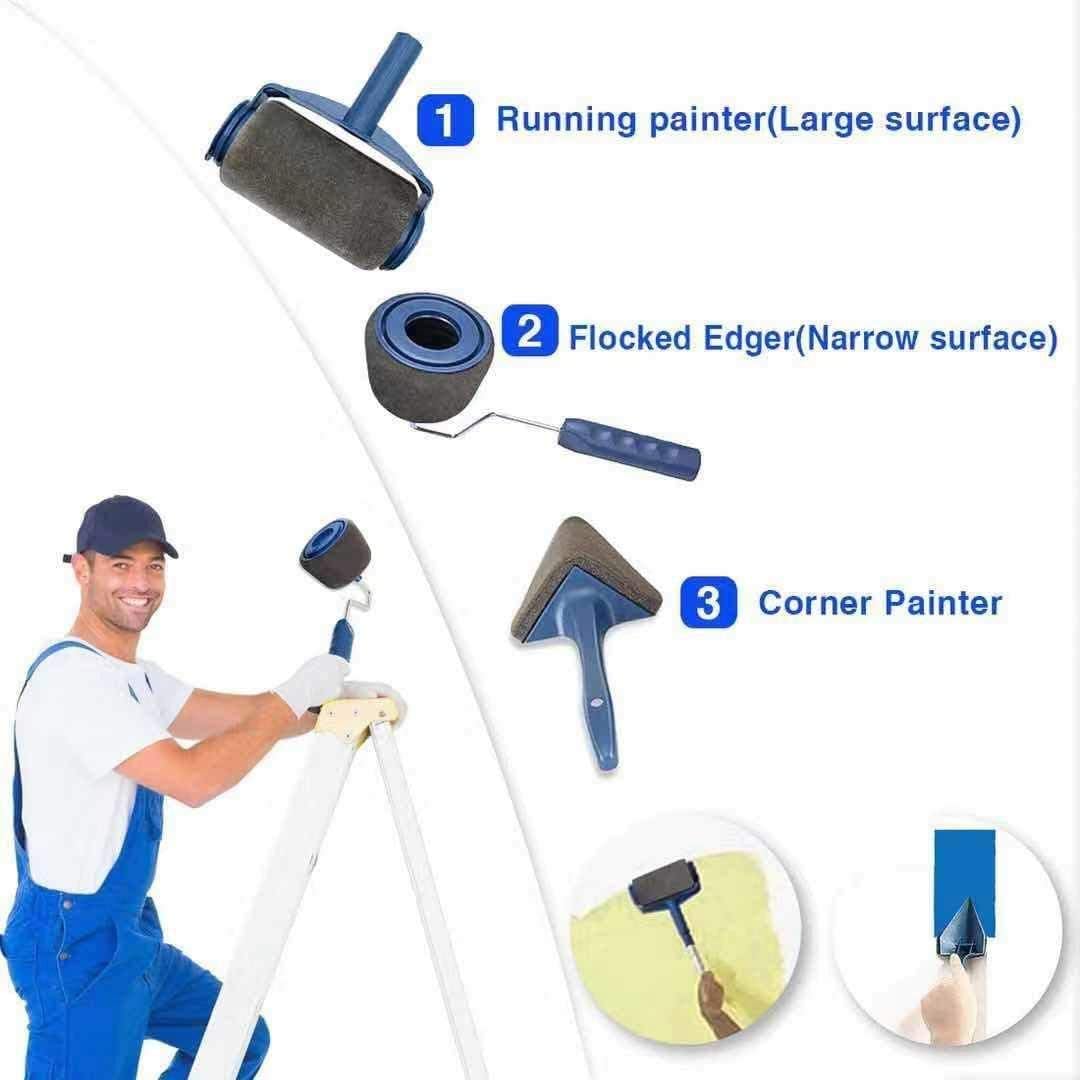 Paint Roller Kit, 9PCS DIY Wall Printing Brush kit with Paint Runner Pro Brush, Wall Printing Brush, 3 Telescopic Poles for House, School & Office Wall, Ceiling - - 