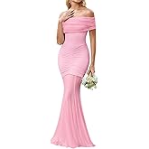 HTZMO Women Sexy Off Shoulder Bodycon Maxi Dress Strapless Ruched Wedding Guest Formal Party Long Dresses