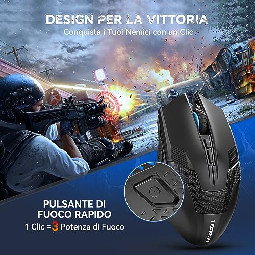 TECKNET Wireless Gaming Mouse, 2.4GHz Wireless Gaming Mouse with 8 Buttons, 4800 DPI, Ergonomic Gaming Mouse with Nano Receiver for PC/Mac/Laptop, Black