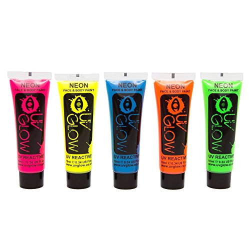 UV Glow Blacklight Neon Face & Body Paint - 0.34oz Set of 5 tubes - Fluorescent & Super Bright