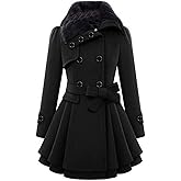 SACFOF Women's Faux Fur Lapel Double Breasted Thick Wool Trench Coat Winter Warm A-Line Dress Wool Blend Pea Coat Jackets