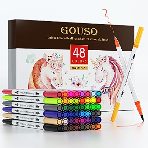 Gouso 48 Dual Tip Brush Pens Colors Art Markers Set, Artist Fine and