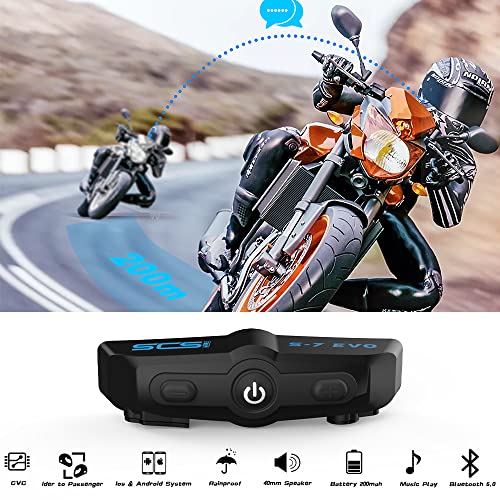 SCSETC S-7EVO Motorcycle Helmet Bluetooth 5.0 Headset 200m 2 Riders Intercom, Bluetooth Motorcycle Headset with CVC Noise Cancellation, Helmet Bluetooth Headset with Waterproof/Handsfree/Voice Control