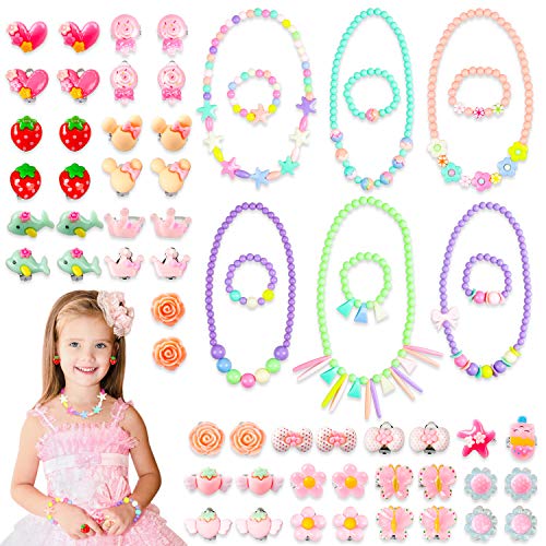WATINC 62Pcs Candy Princess Jewelry Beaded Necklace Beads Bracelet Macaron Ice-Cream Color Chunky Bubblegum Toy Ring Crystal Earring Pastel Flower Pretend Play Dress Up Accessories for Little Girls