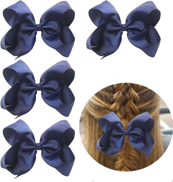 4Pcs Navy Blue Hair Bows, Spiral Ribbon Bow Hair Clips,Long Ponytail Barrette, Light Fine Hairbows Accessories for Toddler Teens Girls